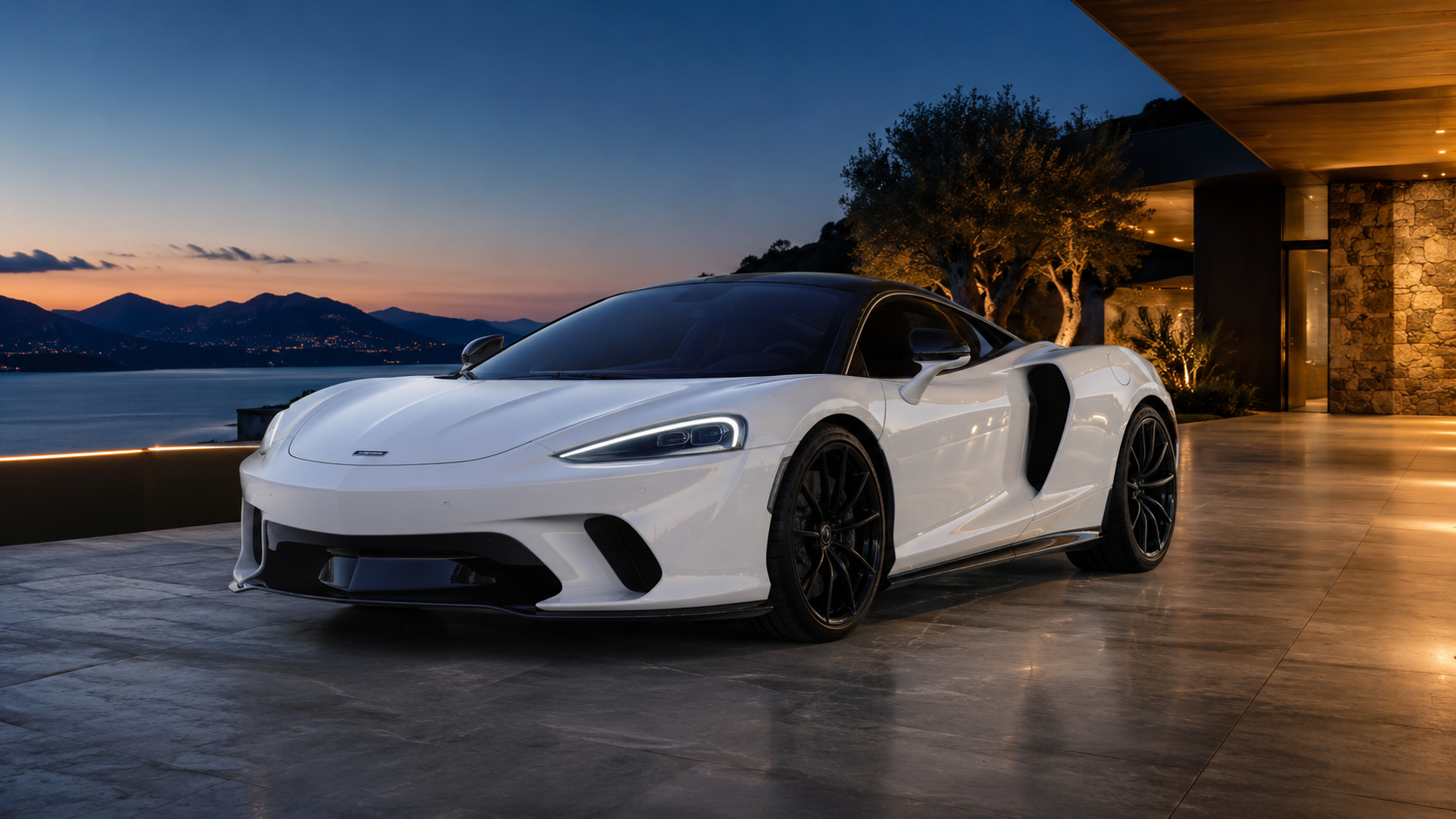White McLaren GT parked at a luxury hillside villa at dusk overlooking the sea